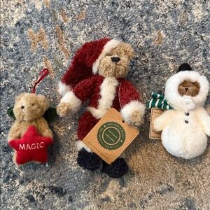 Boyd’s Bears ornament Collection set of 3 Santa plush snowman head bean snowman